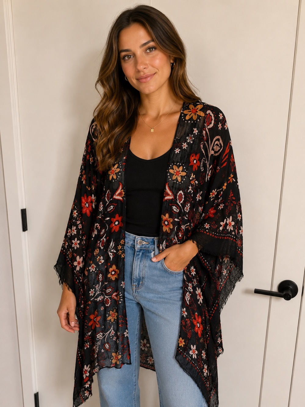 easel Black Floral Kimono Cardigan with Red and Orange Accents